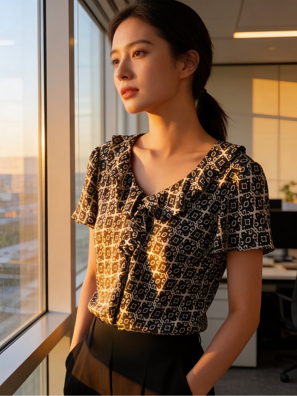 Ladies Classic Black Patterned Ruffle Neck Blouse (inv# 255)